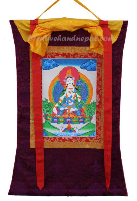 Thangka reproductie met afbeelding van Witte Tara 60 x 80 cm – Made in Nepal boeddha