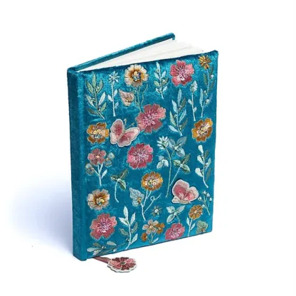 Notitieboek Fluweel – Blauw met Bloemen – 20 x 15 cm blanco notitieboek